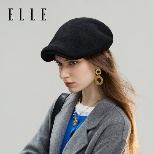 ELLE Autumn and Winter Octagonal Hat Women's Retro Warm Beret Elegant and Versatile Painter Hat Black