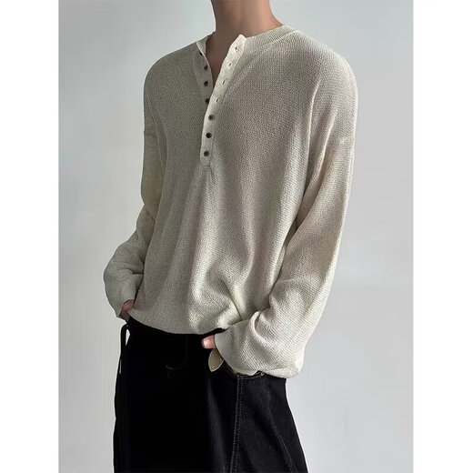 Extreme Henry collar long-sleeved T-shirt men's spring and autumn waffle loose casual inner bottoming shirt top Khaki 2XL