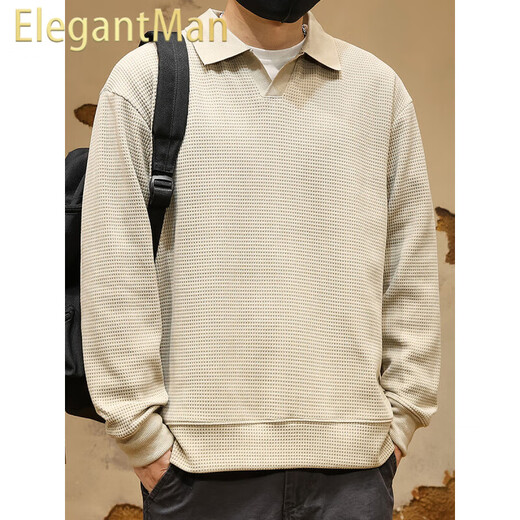 ElegantMan American retro heavyweight waffle POLO shirt men's long-sleeved winter loose Henry shirt tough guy handsome V-neck sweatshirt gray apricot M _ -130Jin Jin equals 0.5 kg
