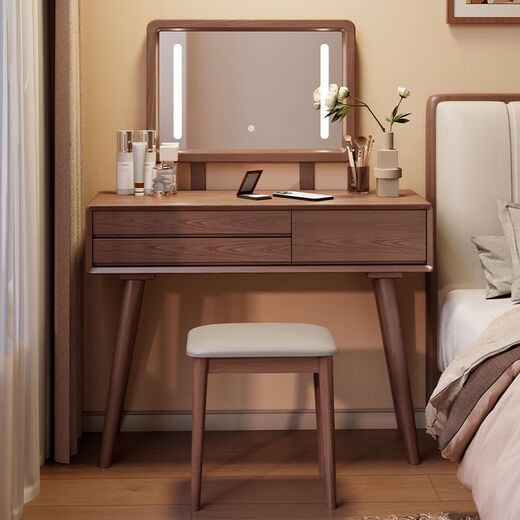 Dream Honglin Diary Dressing Table Bedroom Cabinet Desk Walnut Small Table All Solid Wood 80CM + Stool-Walnut Color Completely shipped and assembled