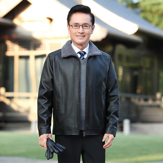小红书新款中年男士皮衣爸爸装秋冬PU皮夹克中老年男装外套加 皮毛一体D款黑色加绒 加厚 L 170/52[110130斤]