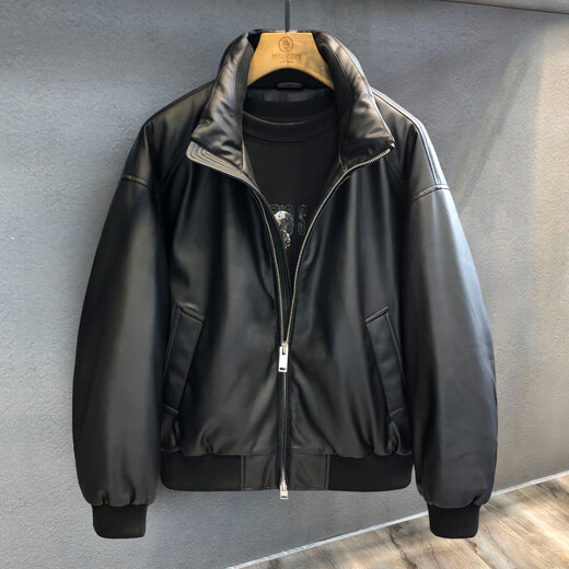 GENIUS international first-line brand plant protein soft leather thickened 90 white duck down motorcycle leather jacket men's winter new style black 90 white duck down warm and loose version 2XL 155-170Jin Jin equals 0.5 kg