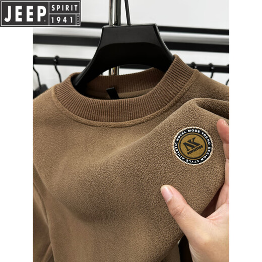 JEEP Heavy Thick Polar Fleece Sweater Men's Winter 2026 New Fleece Bottoming Shirt Men's Round Neck Warm Plus Velvet Inner Camel 2XL /180