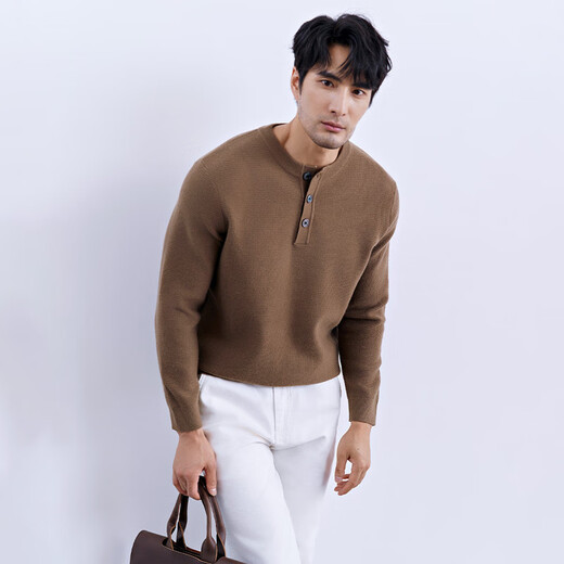 Autumn and winter warm and high-end Henry collar wool knitted bottoming shirt men's business casual pullover low-neck sweater for men earth brown M