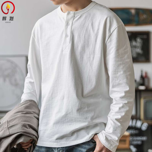 Brilliant American Retro Henley T-shirt Men's Spring and Autumn Large Size 300 Jin Jin equals 0.5 kg Tough guy loose open collar long sleeve bottoming shirt trendy top white L Recommended 80-115 Jin Jin equals 0.5 kg
