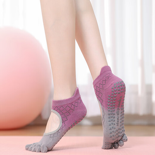 Yoga socks, non-slip, professional women's Pilates training special five-finger socks for adults, indoor fitness sports floor socks, 2 pairs, gradient grape gray + gradient lime