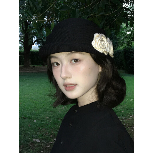 Guiqi Hepburn style top hat French retro camellia curled elegant gold style beret temperament fisherman hat basin hat black double rice flower