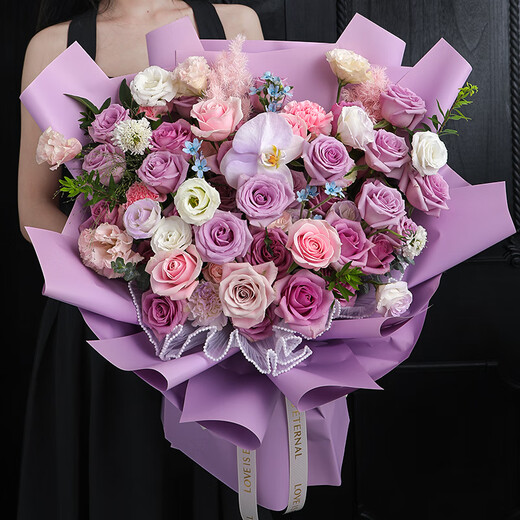 Airi Flowers intra-city express delivery giant bouquets of roses, birthday flowers, date flowers for girlfriends, gifts for besties, 33 purple roses, pink snow mountain powder, platycodon mixed bouquets