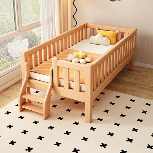 Solid wood children's spliced bed, beech wood crib with guardrails, customizable baby bedside bed, spliced large bed and extra wide bed, all beech wood, four side guardrails + tail ladder, free mattress, length 15O, width 70, height 40