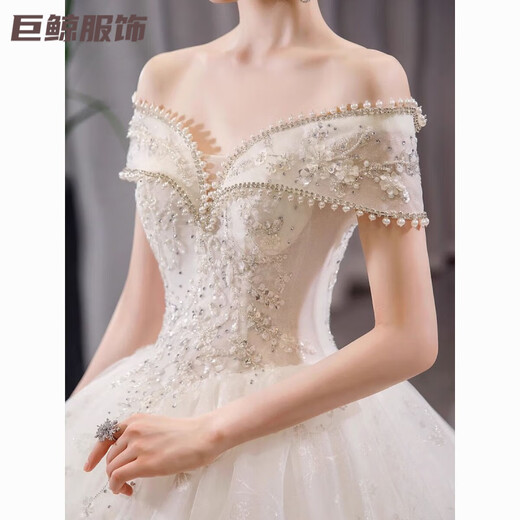 Tromlfz one-shoulder wedding dress new bridal main yarn palace style heavy industry trailing white going out yarn simple floor-length M