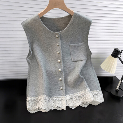 Cypress Lace Splicing Knitted Vest Women's 2026 Spring New Style Fashion Round Neck Stacked Simple Vest