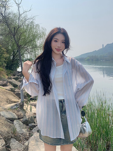 ONEDEW International Brand Summer 2025 New Sun Protection Clothes Women's Loose Tops Thin Design Long-Sleeved Striped Shirt Blue Blue Striped Original (Premium Edition) S Ready Stock One Size