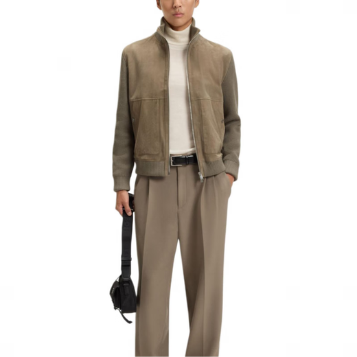 BOSS zipper pocket stand collar long sleeve leather jacket for men brown S