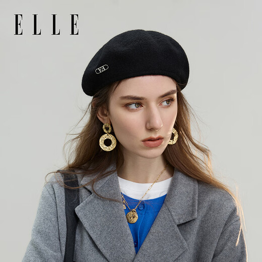 ELLE Autumn and Winter Octagonal Hat Women's Retro Warm Beret Elegant and Versatile Painter Hat Black