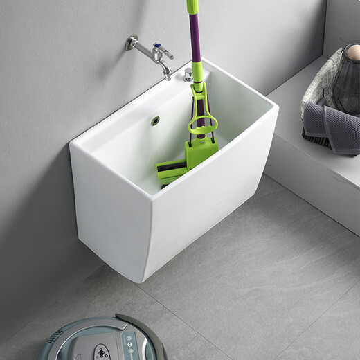 Household ceramic wall-mounted mop pool wall-mounted bathroom balcony mop pool wall row mop basin with faucet medium size 41 wide + button water + rotating single cold dragon