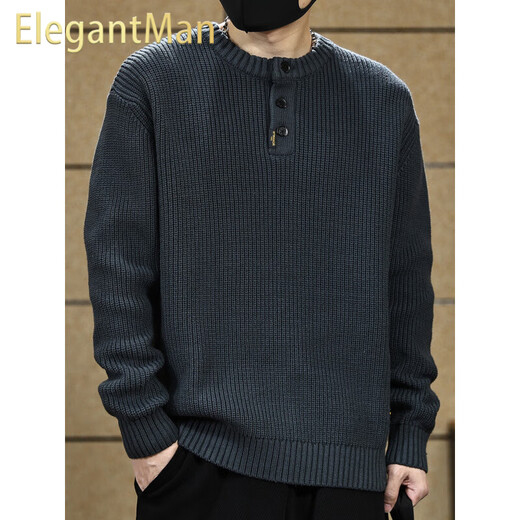 ElegantMan American retro Henry collar sweater for men in autumn and winter thickened loose lazy style vertical striped pullover sweater jacket Khaki S _ Suitable for 90-110Jin Jin equals 0.5 kg