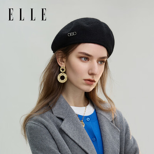ELLE Autumn and Winter Octagonal Hat Women's Retro Warm Beret Elegant and Versatile Painter Hat Black