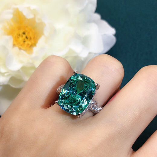 Xidian fashion light luxury large carat ice flower cut Paraiba ring inlaid with high carbon diamond Tanzanite blue fat baguette diamond ring for women Paraiba ring opening adjustable
