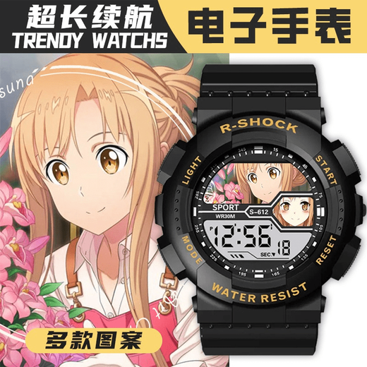 Sword Art Online Asuna Kirito Uhr großes Zifferblatt leuchtend wasserdicht und sturzsicher Jugend-Outdoor-Sport elektronische Uhr leuchtende Uhr T1271-schwarz Wecker + wasserdicht + Chronograph + Kalender