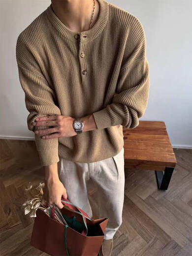 Jiaojing Laoqian Henry Collar Sweater Old Money Style Henry Collar Sweater Men's Autumn and Winter Lazy Feeling Bottoming Long Sleeve Pin Khaki High Quality M