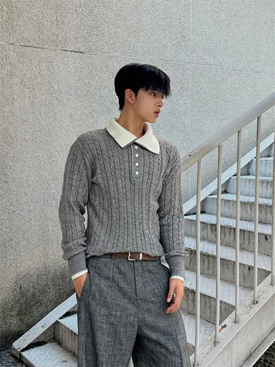 High-end handsome gray Henry collar knitted jacquard Polo shirt men's autumn and winter handsome high-end fake two-piece gray upgraded style M one size fits all