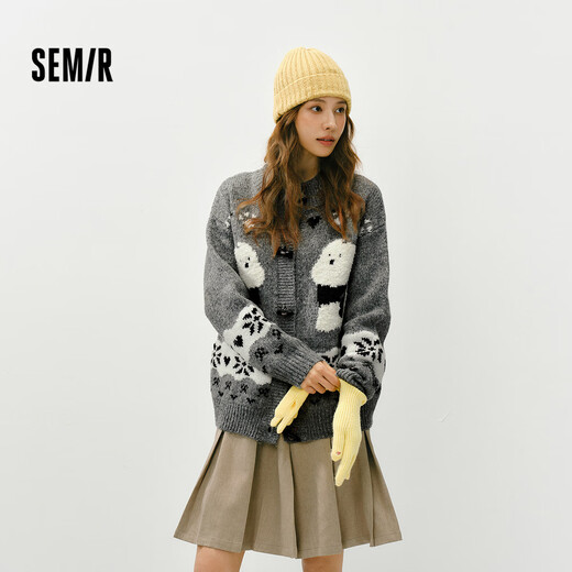 Semir knitted cardigan women winter half turtleneck puppy jacquard horn button sweater loose 2025 top 109725106003