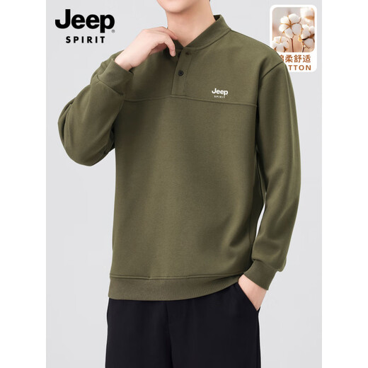 JEEP SPIRIT Men's Sweatshirt 2025 Autumn New Retro Henley Collar Heavy Bottoming Casual Large Size Pullover Top Green M Recommended weight 100-120Jin Jin equals 0.5 kg