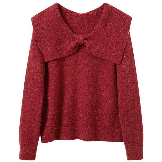 Three-color large size women's clothing 2025 winter new New Year red bow large lapel sweater fine glitter slim fit fat MM