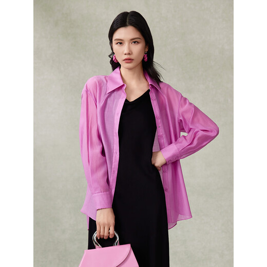
Pink Blue Wardrobe 2024 Spring and Summer i New Tiansi Corrugated Cloud Smoke Gauze Loose Long Sleeve Shirt for Women 5A2C983 Morning Pink L