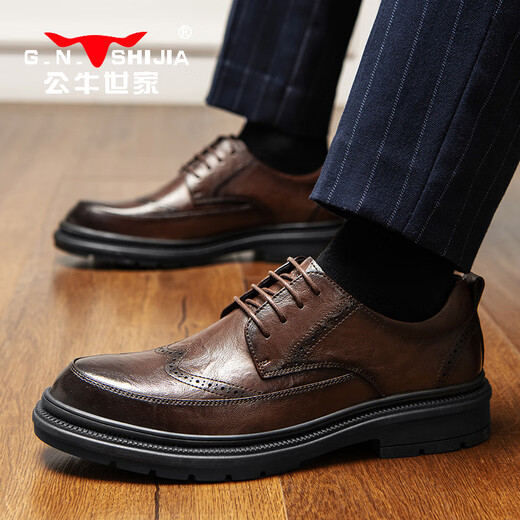 Bull Family Leather Shoes Men's 2025 Autumn and Winter New Brogue Carved Men's Shoes British Retro Business Formal Shoes Men's Casual