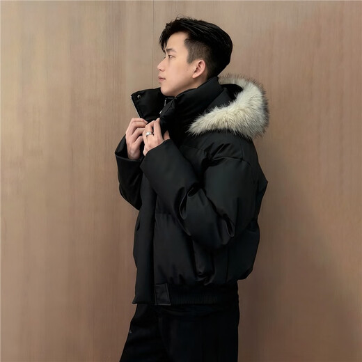 Jufeng black American short pu leather down jacket men's winter detachable fur collar cotton jacket high-end bread suit black S (recommended 80-95Jin Jin equals 0.5kg)