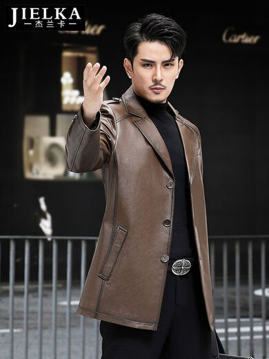 Jeranka autumn and winter new Haining genuine leather jacket for men, first-layer cowhide mid-length genuine leather windbreaker, fashionable casual jacket for men, brown L 170L
