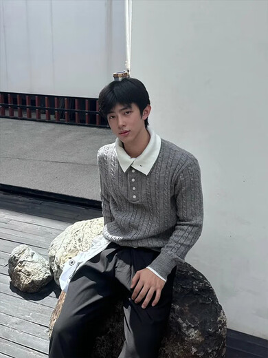 High-end handsome gray Henry collar knitted jacquard Polo shirt men's autumn and winter handsome high-end fake two-piece gray upgraded style M one size fits all