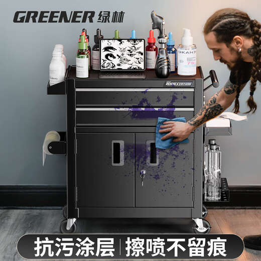 GREENER Tattoo Workbench Drawer-type Movable Tool Trolley Tool Cabinet Hairdressing Tool Holder Table Tool Trolley Large Double Drawing Rock Shadow Black Silent Slide + Anti-Slip Pad + Hook