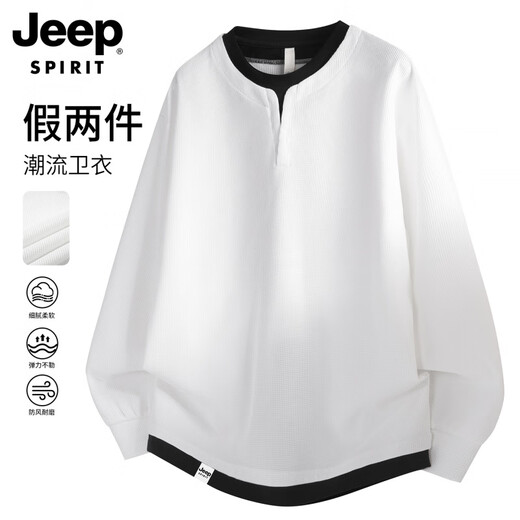 JEEP SPIRIT men's long-sleeved sweatshirt men's autumn and winter new versatile casual top men's fake two-piece Henry collar bottoming shirt white 2XL recommended 160-180Jin Jin equals 0.5 kg