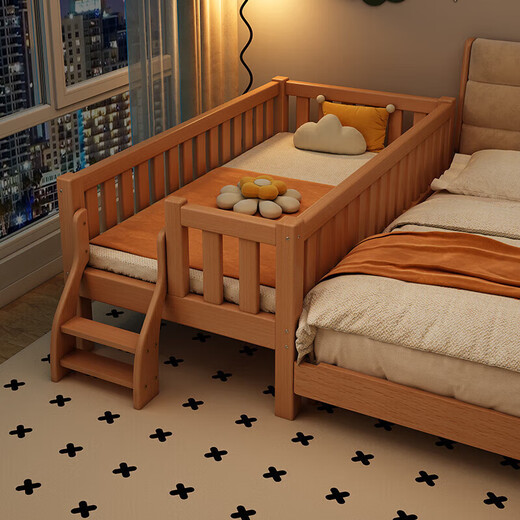 Solid wood children's spliced bed, beech wood crib with guardrails, customizable baby bedside bed, spliced large bed and extra wide bed, all beech wood, four side guardrails + tail ladder, free mattress, length 15O, width 70, height 40