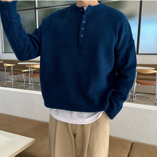 Swinging Oarer Early Autumn Dark Blue Henley Collar Sweater Sweater Jacket Men's Loose American Men's Korean Style Korean Trend Blue M