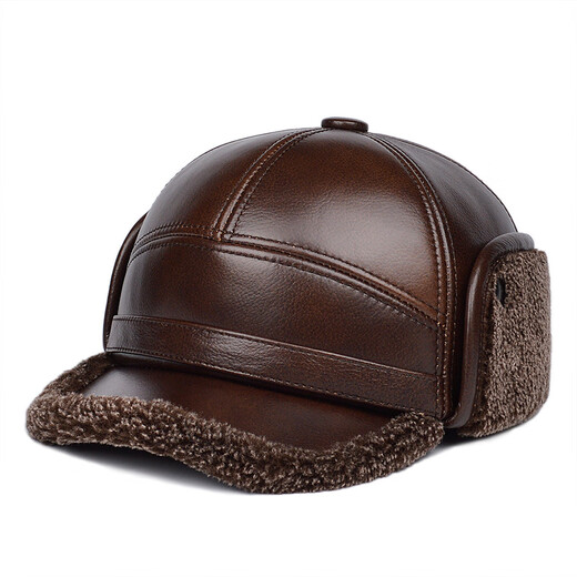 Hengyuanxiang winter genuine leather hat for middle-aged and elderly men's cowhide peaked cap to keep warm and ear-protective baseball cap for the elderly cotton hat grandpa A style black L (55-56cm) small head circumference