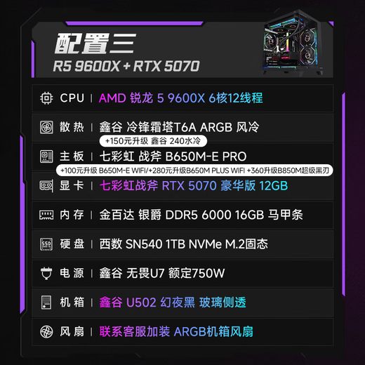 Colorful Ruilong 9600X/7500F/5060/5060ti/5070 Game Console 3A Masterpiece Live Desktop Computer Productivity AI Model Rendering DIY Assembly Machine with Three 9600X+RTX5070 Black Single Host