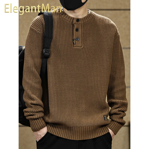ElegantMan American retro Henry collar sweater for men in autumn and winter thickened loose lazy style vertical striped pullover sweater jacket Khaki S _ Suitable for 90-110Jin Jin equals 0.5 kg