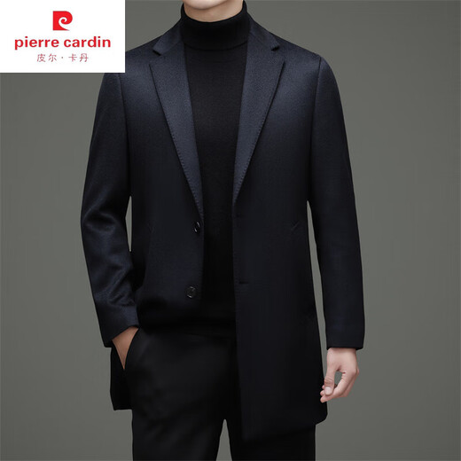 Pierre Cardin autumn and winter men's 100% pure cashmere coat long business casual lapel woolen coat mid-length woolen navy blue (lapel) thickened 24295 XL 180 For models with down lining, please contact customer service
