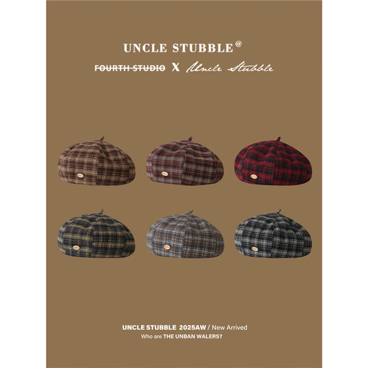 Korean retro beret, exquisite small label plaid, large plate pumpkin hat, literary, simple and versatile painter's hat, autumn and winter, burgundy, one size fits all (55-59cm) adjustable