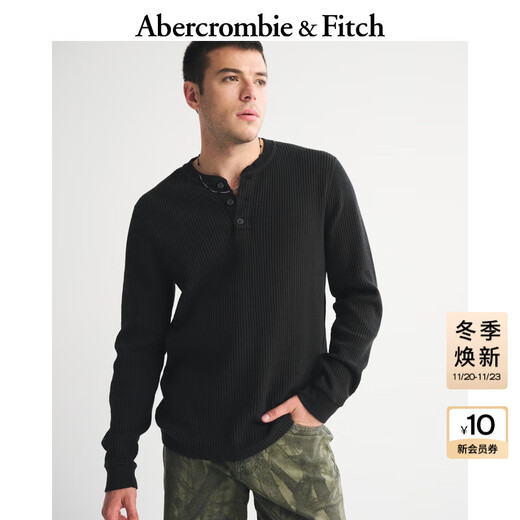 Abercrombie & Fitch Men's 25 Autumn and Winter New American Style Versatile Cotton Waffle Henley Collar Knitted Long-Sleeve T-Shirt 124-5645 Black XL (180/116A)