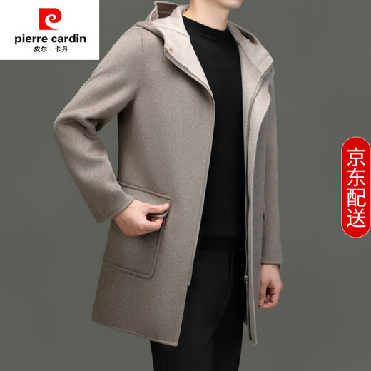 Pierre Cardin brand 100% wool hooded woolen coat men's autumn and winter mid-length double-sided woolen coat casual wool windbreaker black M recommended 110-130Jin Jin equals 0.5 kg