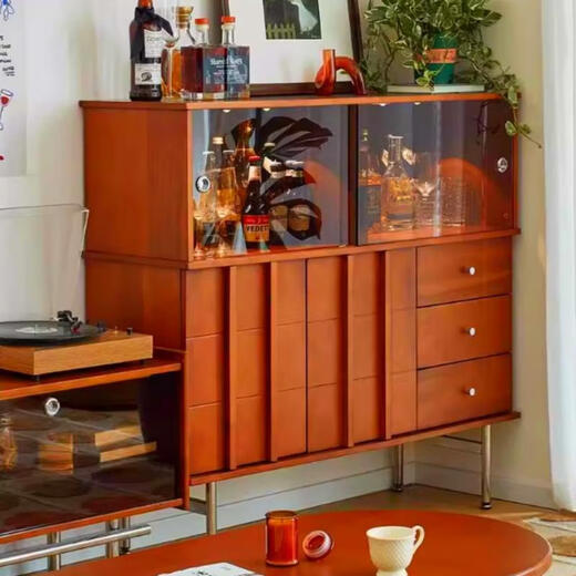 Yusenyi retro solid wood wine cabinet, antique glass cabinet, living room display cabinet, sofa side cabinet, stainless steel tea cabinet, side cabinet, antique pine wood