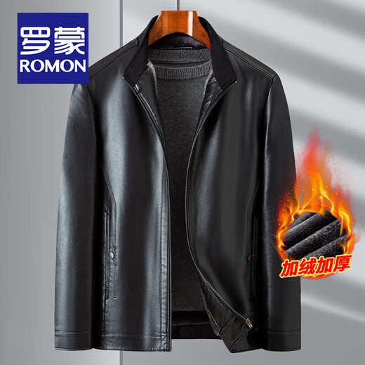 罗蒙（ROMON）男士皮衣外套冬季新款加绒加厚款休闲防风保暖短款立领PU皮夹克男 加绒黑色 XL /180 (推荐130-145斤)