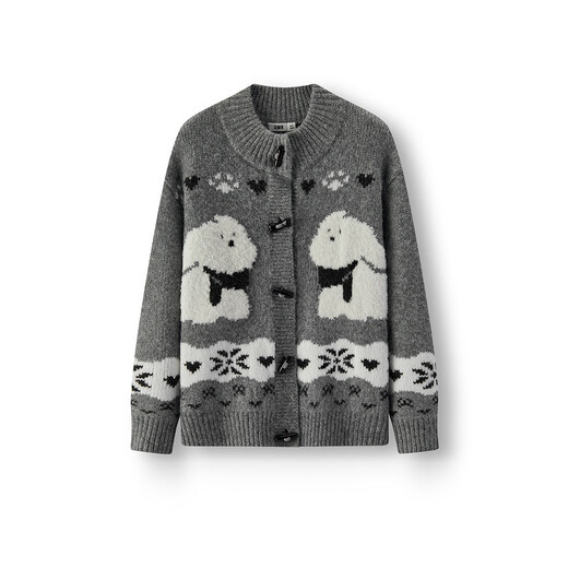 Semir knitted cardigan women winter half turtleneck puppy jacquard horn button sweater loose 2025 top 109725106003