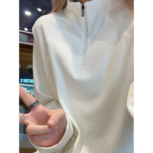 Qumile American half-zip German velvet bottoming sweatshirt for men in autumn and winter plus velvet to keep warm with heavy slim fit trendy top, black L