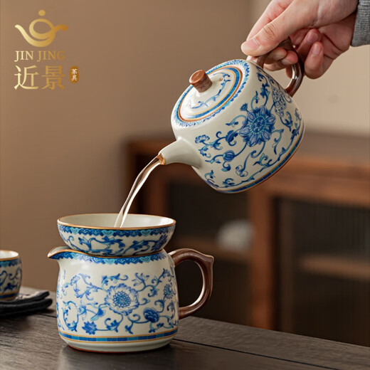 Close-up view of light luxury tea set for home Ru Kiln blue and white porcelain 2025 new high-end teapot and tea cup complete set housewarming gift Ru Kiln flowery stone ladle pot set gift box 10 pieces