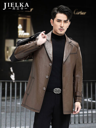 Jeranka autumn and winter new Haining genuine leather jacket for men, first-layer cowhide mid-length genuine leather windbreaker, fashionable casual jacket for men, brown L 170L